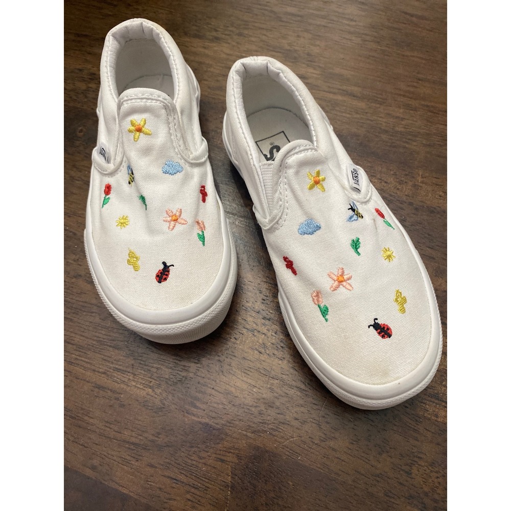 Vans girls Classic SlipOn White Canvas Embroidered Nature Ladybug Bee Shoes 12.5 - Picture 2 of 6
